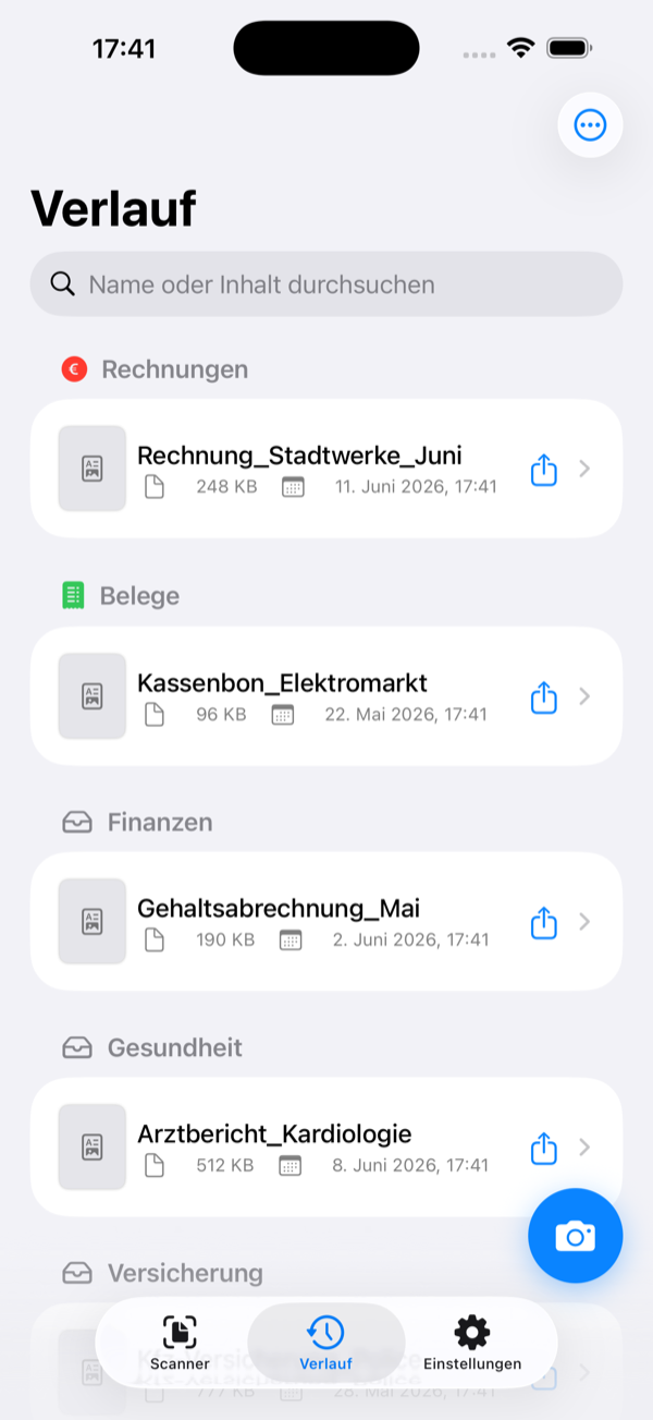 Verlauf nach Kategorien sortiert