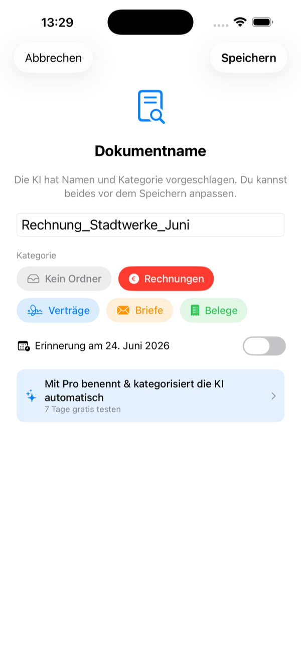 KI-Namensvorschlag und Kategorieauswahl
